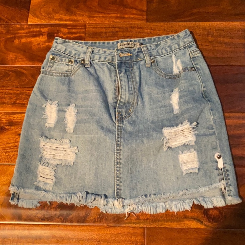Distressed denim skirt